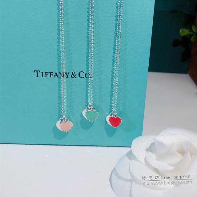 Tiffany純銀飾品 蒂芙尼女士專櫃爆款925純銀櫻花粉藍色雙心琺瑯項鏈  zgt1624